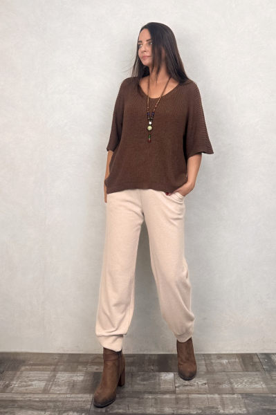 Ajurlu Triko Bluz - Kahve