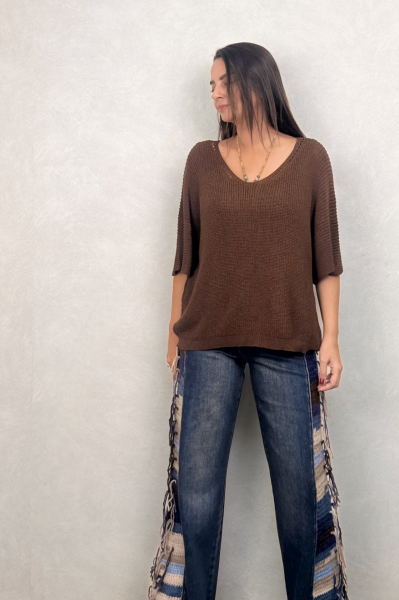 Ajurlu Triko Bluz - Kahve
