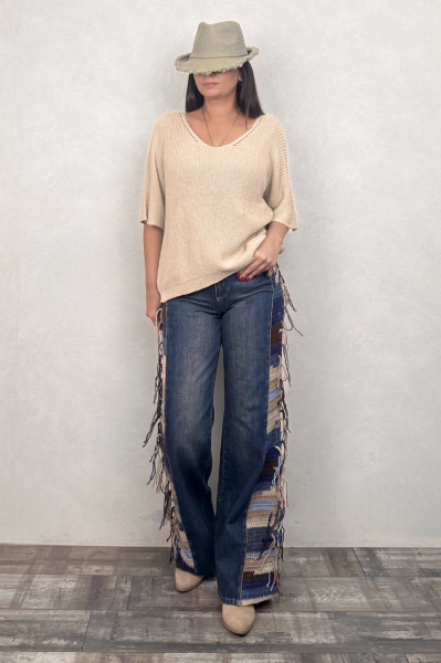 Ajurlu Triko Bluz - Bej