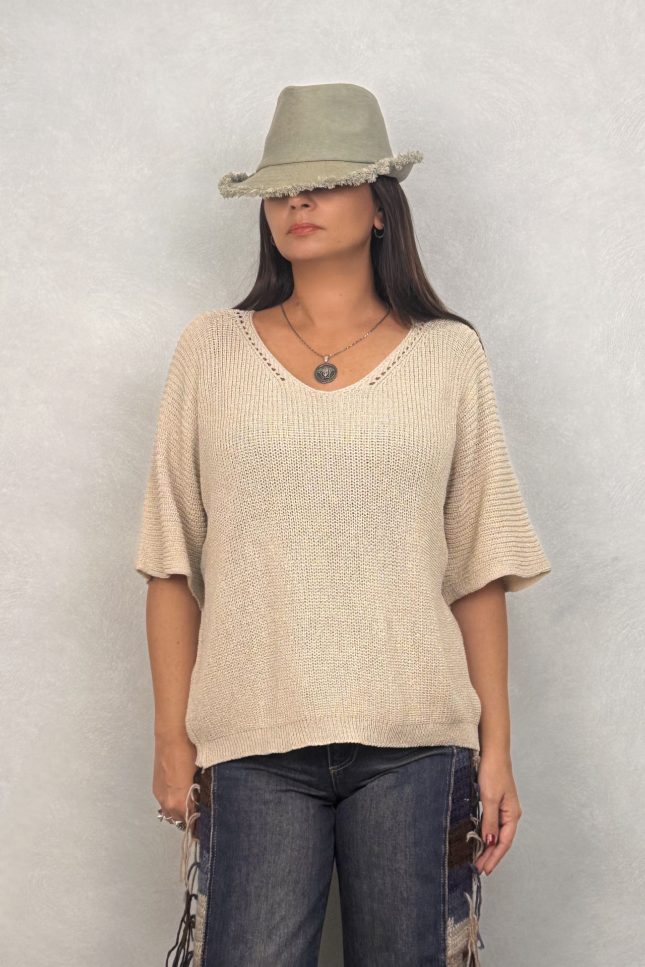 Ajurlu Triko Bluz - Bej