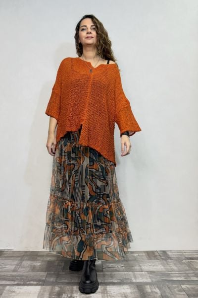 Merserize Bluz ve Tül Etek Kombin - Turuncu Sahra