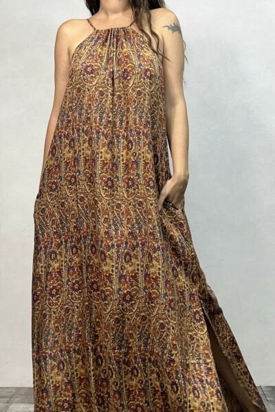 Halter Yaka Yırtmaçlı Bohem Elbise - Hardal
