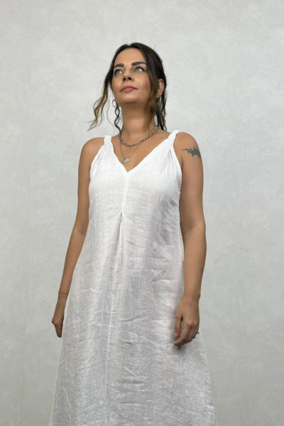 Plume Keten Elbise - Beyaz