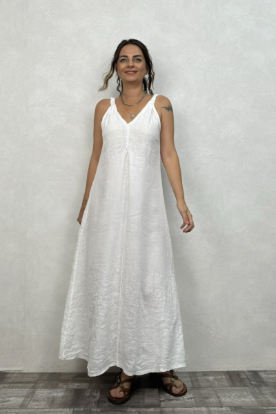 Plume Keten Elbise - Beyaz