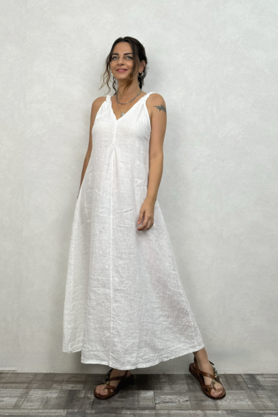Plume Keten Elbise - Beyaz