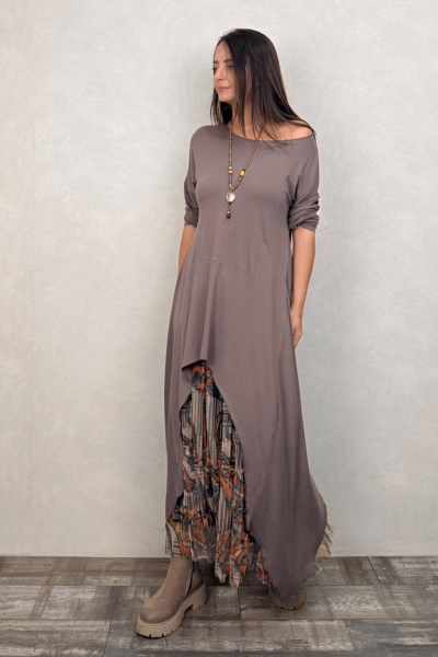 Maxi Viskon Tunik ve Tül Etek Kombin - Vizon Sahra