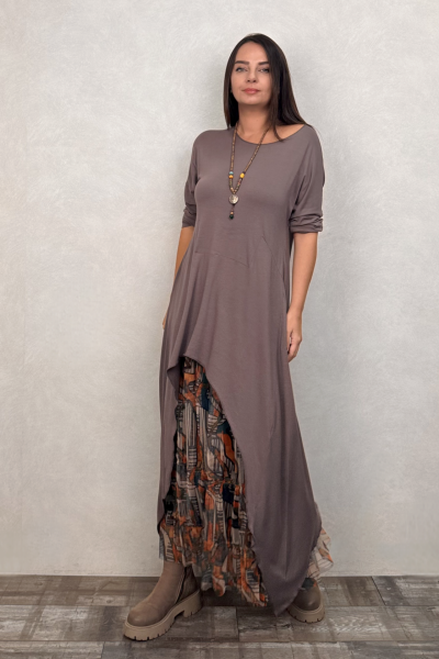 Maxi Viskon Tunik ve Tül Etek Kombin - Vizon Sahra