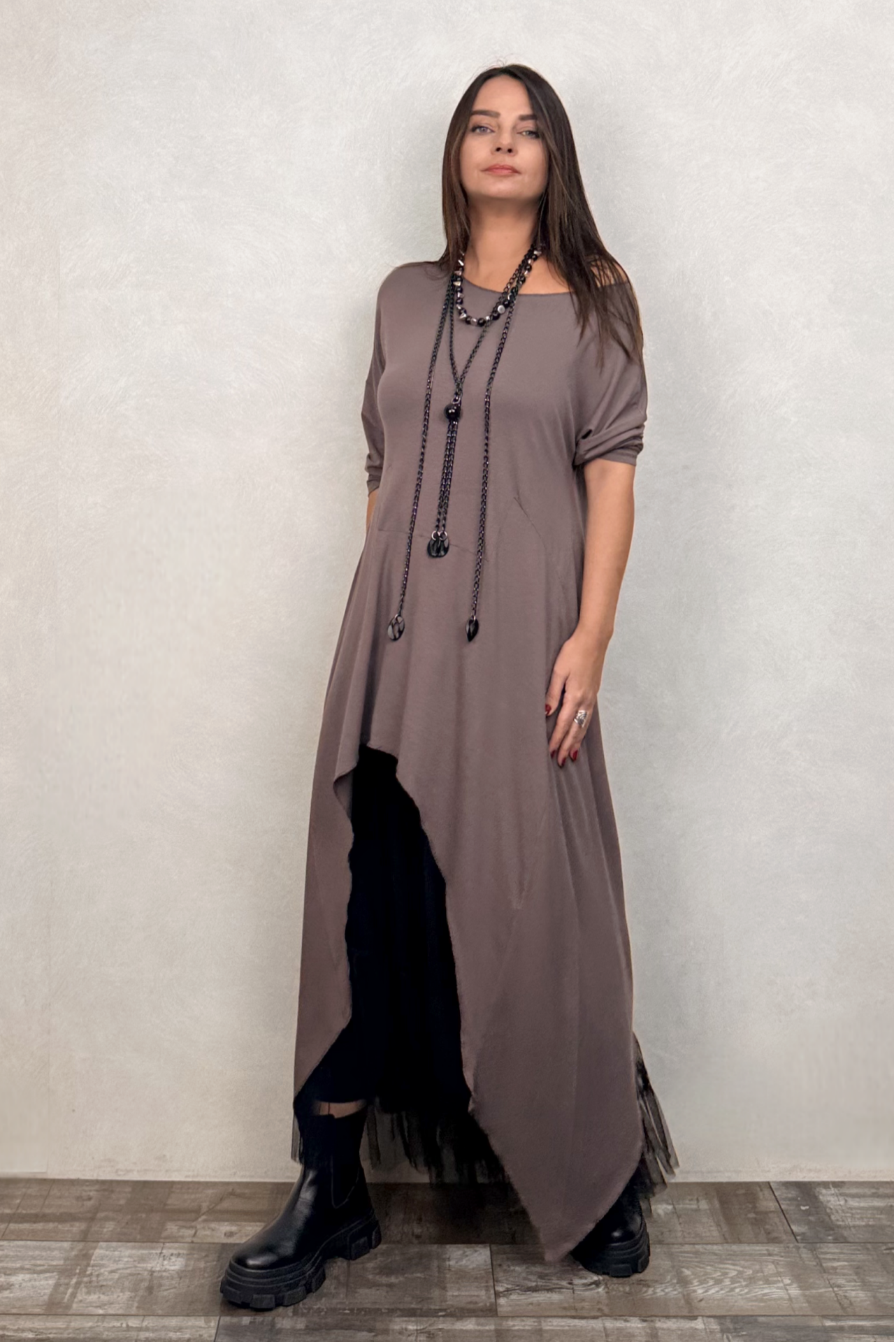 Maxi Viskon Tunik ve Tül Etek Kombin - Vizon Siyah