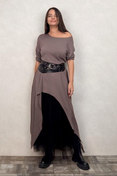 Maxi Viskon Tunik ve Tül Etek Kombin - Vizon Siyah