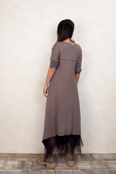 Maxi Viskon Tunik ve Kat Kat Tül Etek Kombin - Vizon Kahve