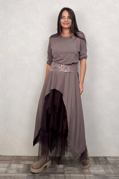 Maxi Viskon Tunik ve Kat Kat Tül Etek Kombin - Vizon Kahve