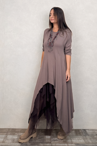 Maxi Viskon Tunik ve Kat Kat Tül Etek Kombin - Vizon Kahve