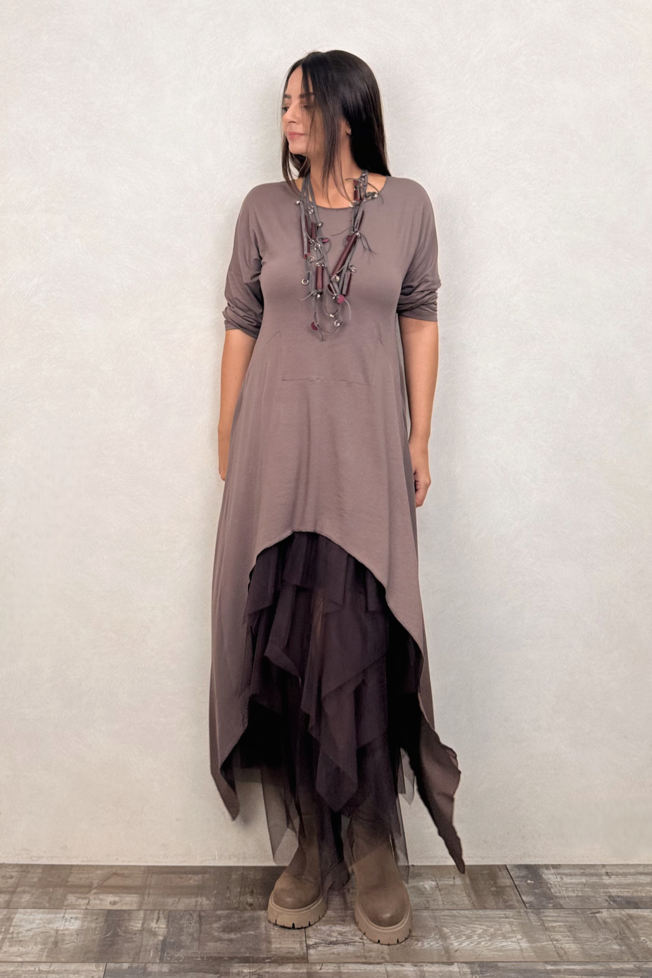 Maxi Viskon Tunik ve Kat Kat Tül Etek Kombin - Vizon Kahve