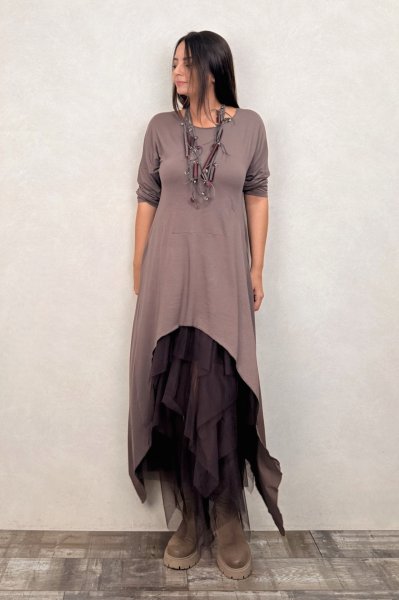 Maxi Viskon Tunik ve Kat Kat Tül Etek Kombin - Vizon Kahve