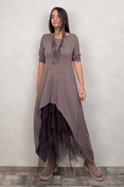 Maxi Viskon Tunik ve Kat Kat Tül Etek Kombin - Vizon Kahve