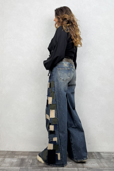 Yama Detaylı Geniş Paça Kot Pantolon - Mavi