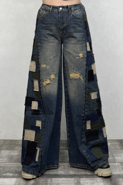 Yama Detaylı Geniş Paça Kot Pantolon - Mavi