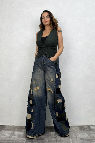 Yama Detaylı Geniş Paça Kot Pantolon - Mavi