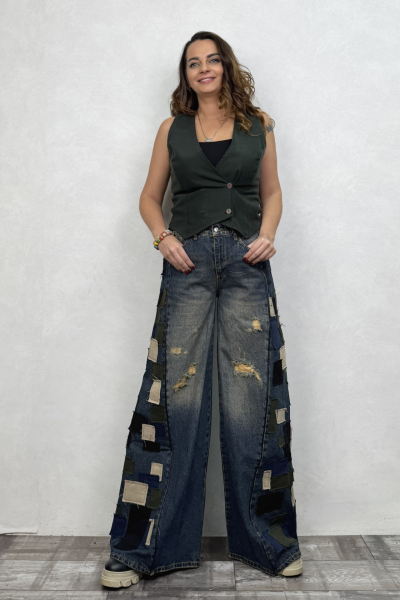 Yama Detaylı Geniş Paça Kot Pantolon - Mavi