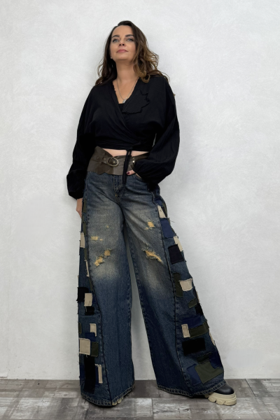 Yama Detaylı Geniş Paça Kot Pantolon - Mavi