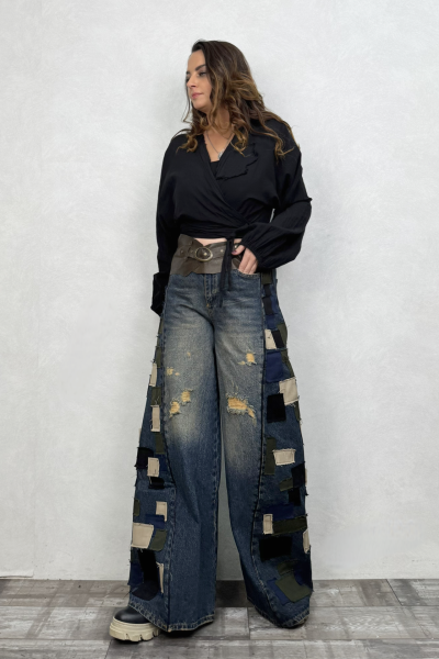 Yama Detaylı Geniş Paça Kot Pantolon - Mavi