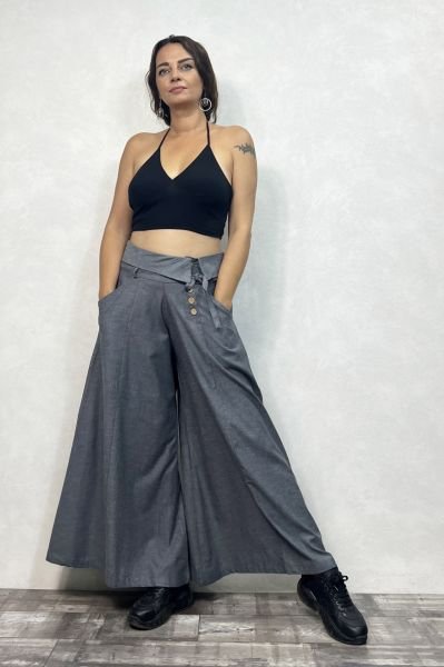 Düşük Bel Düğmeli Bol Paça Pantolon - Gri