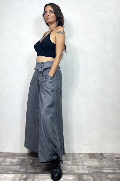 Düşük Bel Düğmeli Bol Paça Pantolon - Gri