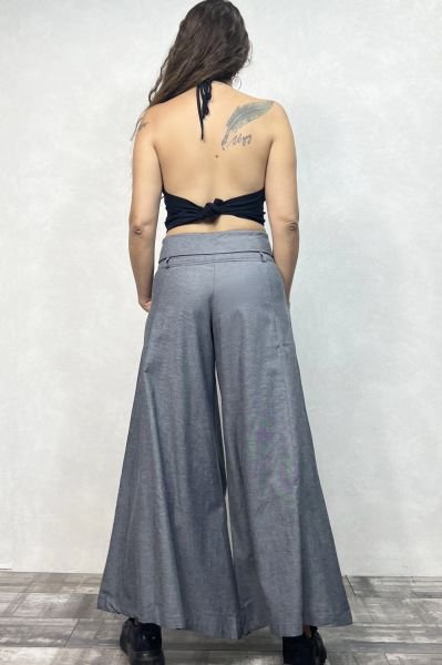 Düşük Bel Düğmeli Bol Paça Pantolon - Gri