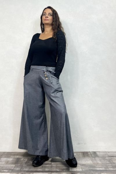 Düşük Bel Düğmeli Bol Paça Pantolon - Gri