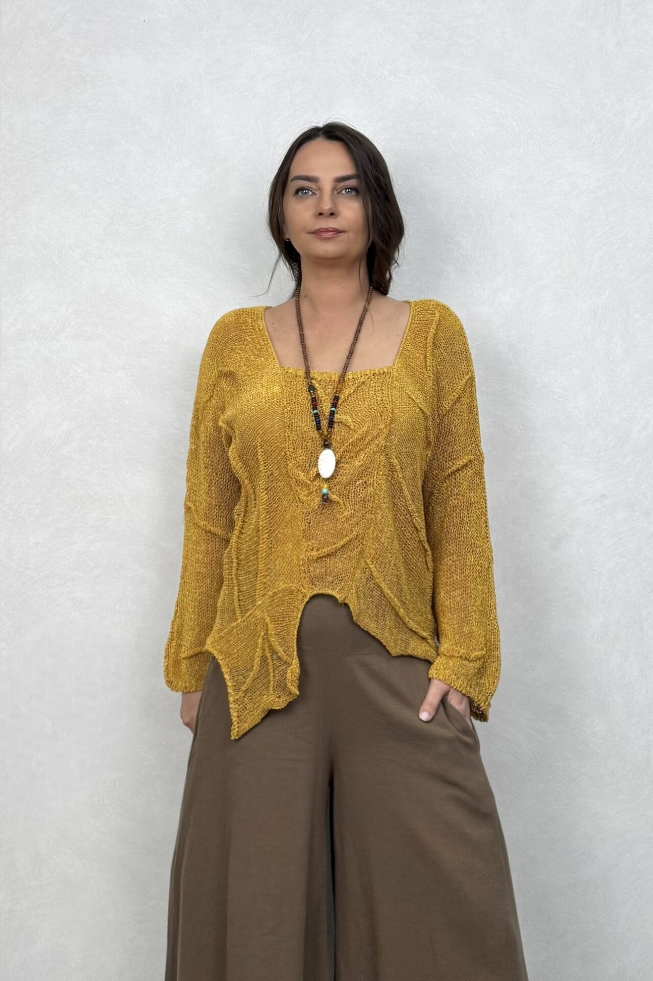 Pera Dikiş Detaylı Merserize Bluz - Hardal Sarı