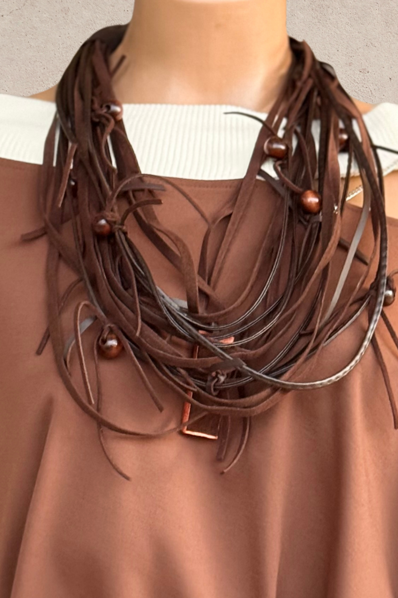 Lamante Tasarım Deri Süet Kolye -  Kahve