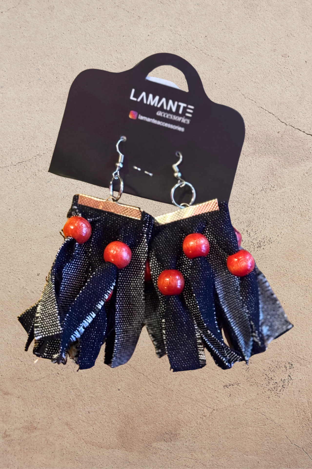 Lamante Denim Kırmızı Detaylı Küpe - Mavi