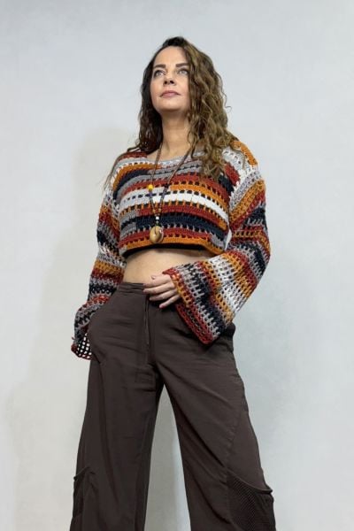 İspanyol Kol Batik Örgü Crop Kazak- Toprak