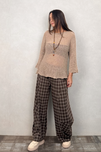 Paça Detaylı Triko Pantolon - Kahve Ekose