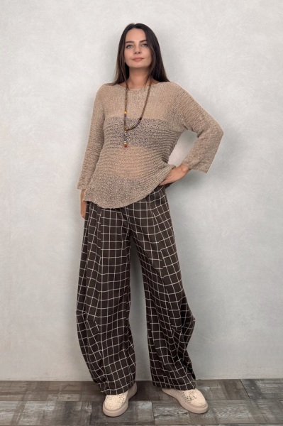 Paça Detaylı Triko Pantolon - Kahve Ekose