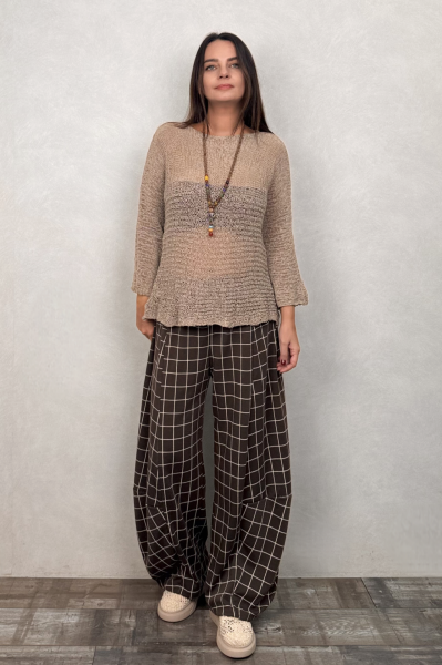 Paça Detaylı Triko Pantolon - Kahve Ekose