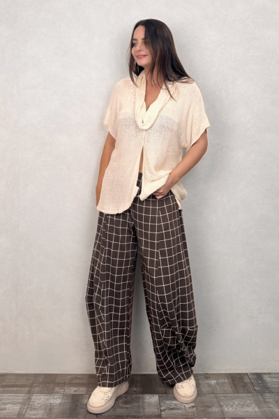Paça Detaylı Triko Pantolon - Kahve Ekose