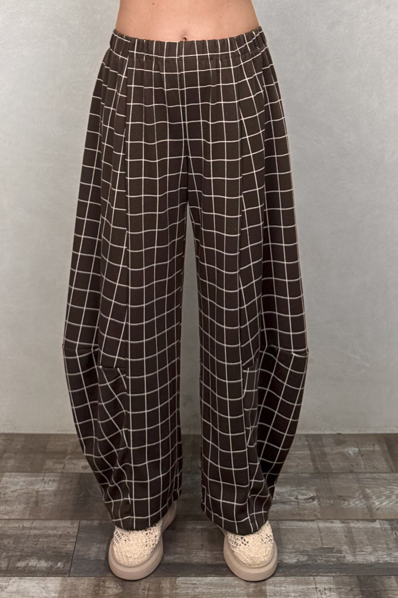 Paça Detaylı Triko Pantolon - Kahve Ekose