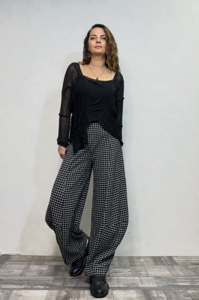 Paça Detaylı Gofre Pantolon - Siyah Mini Ekose