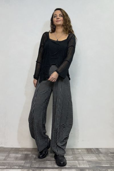 Paça Detaylı Gofre Pantolon - Siyah Mini Ekose