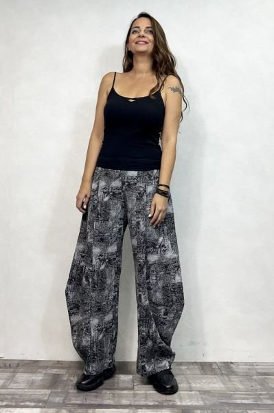 Paça Detaylı Geniş Paça Desenli Pantolon - Siyah Gri
