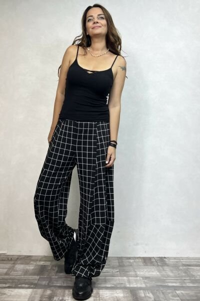 Paça Detaylı Geniş Paça Ekose Pantolon - Siyah Beyaz