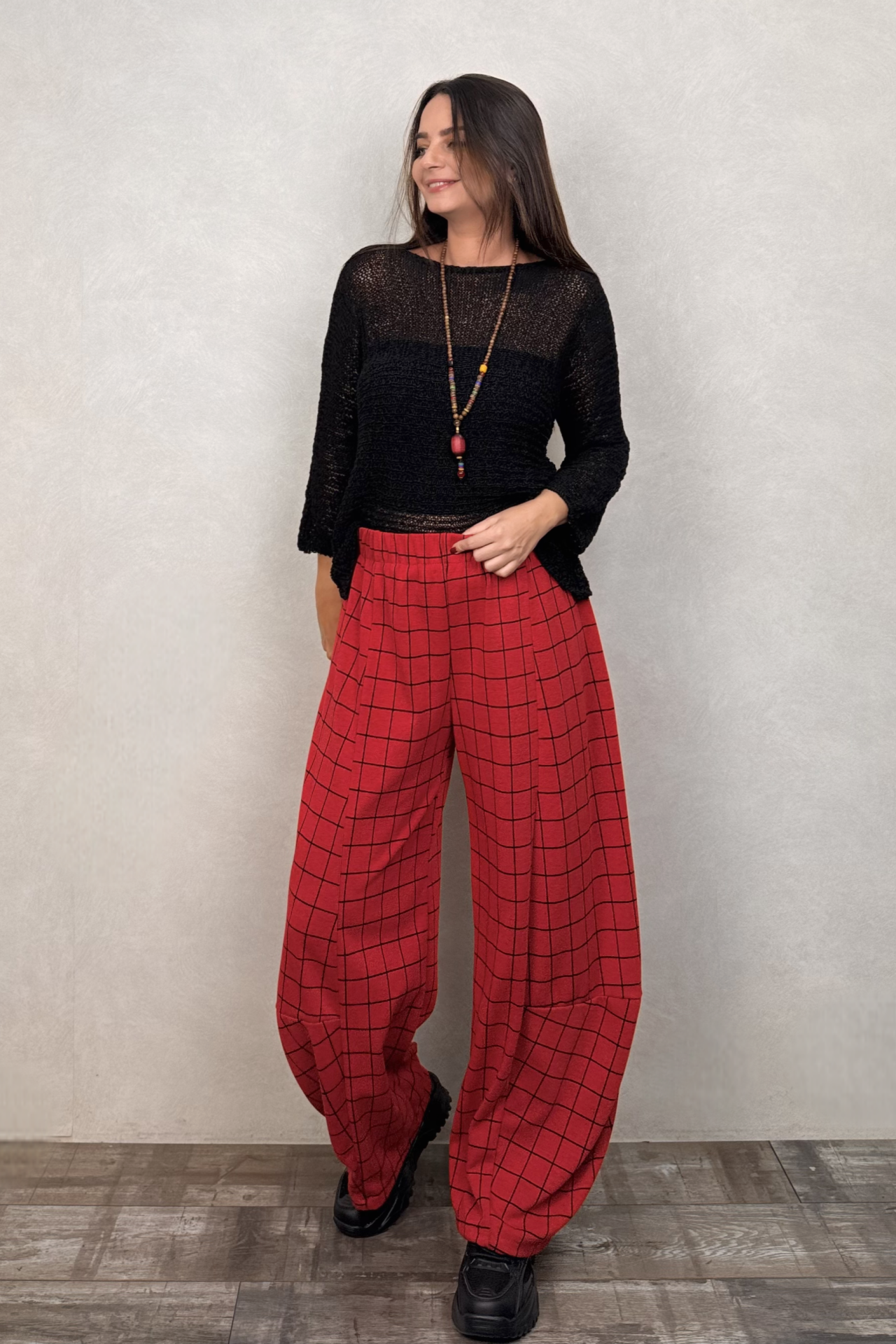 Paça Detaylı Triko Pantolon - Kırmızı Ekose