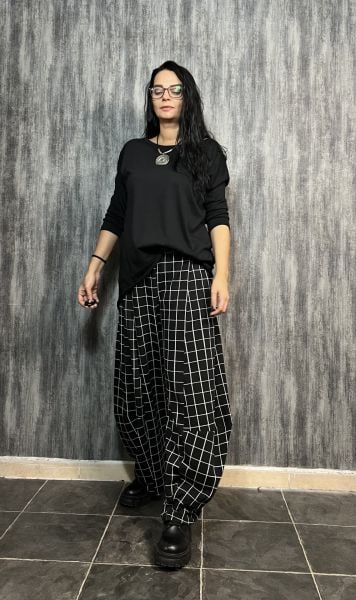 Paça Detaylı Geniş Paça Ekose Pantolon - Siyah Beyaz