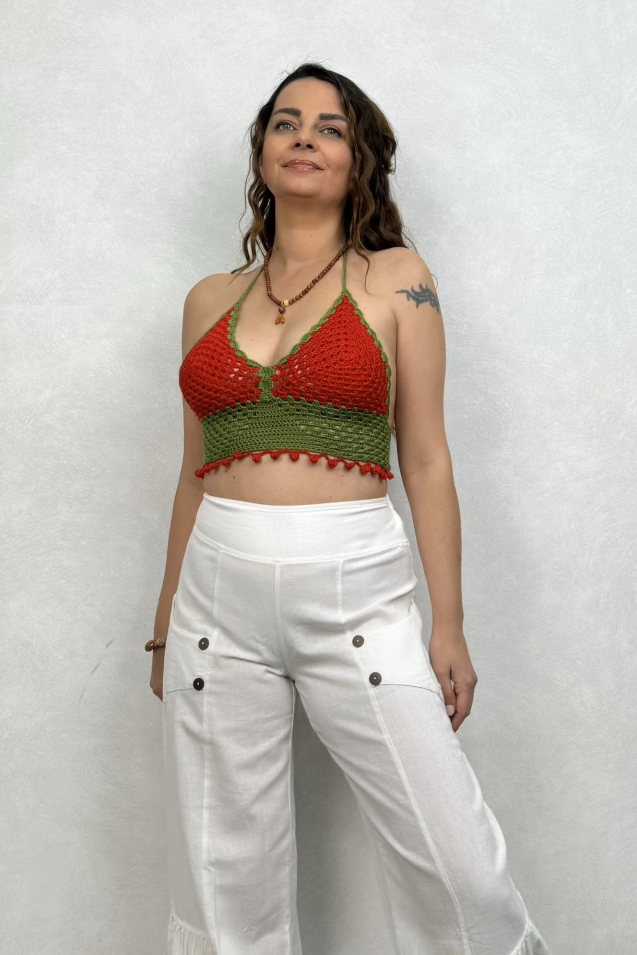 El Örgüsü Bağlamalı Crop  - Kırmızı Yeşil