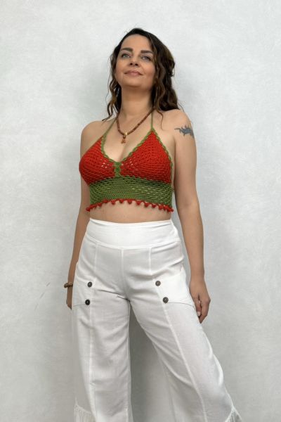 El Örgüsü Bağlamalı Crop  - Kırmızı Yeşil
