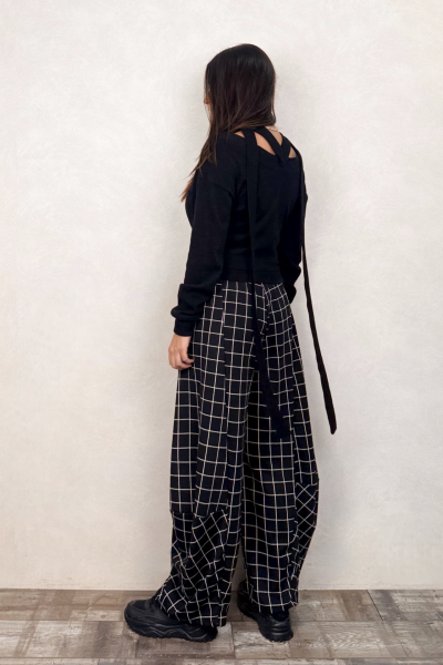 Paça Detaylı Triko Pantolon - Siyah Ekose