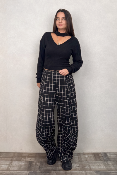 Paça Detaylı Triko Pantolon - Siyah Ekose