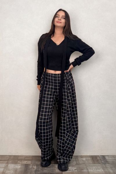 Paça Detaylı Triko Pantolon - Siyah Ekose