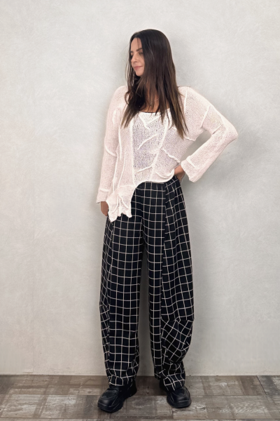 Paça Detaylı Triko Pantolon - Siyah Ekose